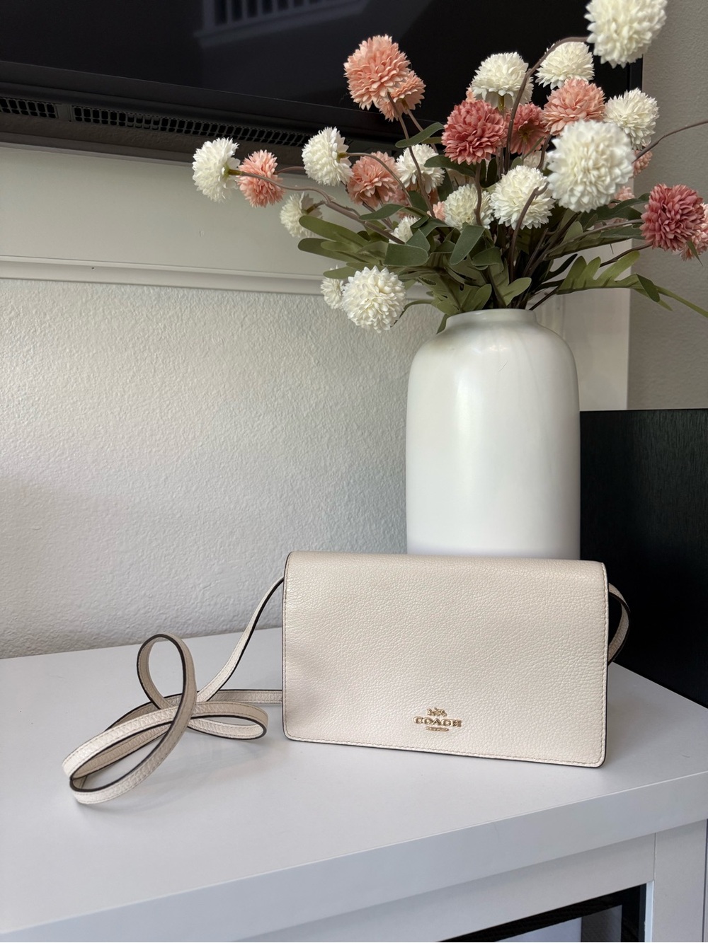 Coach Cream Pebbled Leather Crossbody with Gold Logo